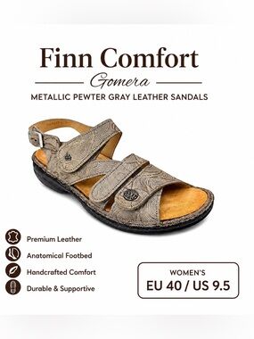 Finn Comfort Gomera Metallic Pewter Gray Leather Sandals Women’s EU 40 US 9.5